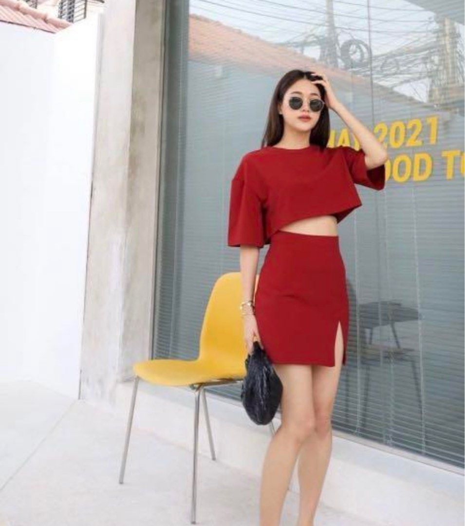 SET crop top and mini split skirt in burgundy wine red Chinesenewyear cny,  Women's Fashion, Dresses & Sets, Sets or Coordinates on Carousell