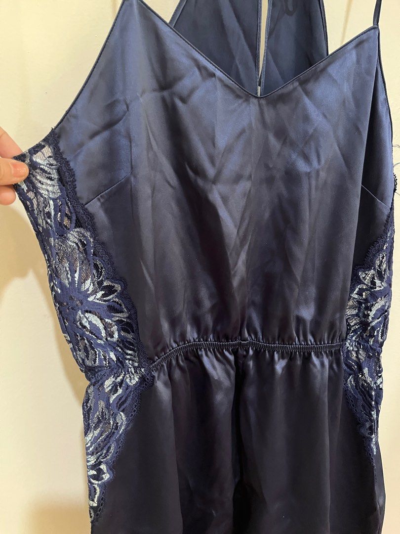Silk lingerie (sold as set) medium to large (Category: Undergarments & Loungewear) located in Quezon City. Submitted by jbbuen (Listing ID 1205978670, Image 2). Description: 3 silk lingerie - blue romper , thailand luxury brand, fits size 6-8 - purple halter nightie, lasenza size mediun - navy silk nightie, h&m size medium Gifted during bridal shower. Used 1-2x then stored carefully.