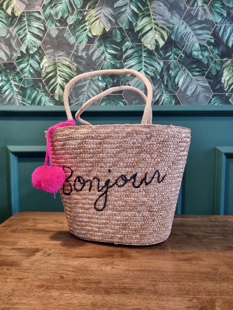 Wicker beach bag sales with pom pom