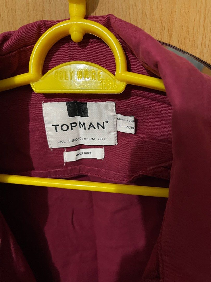 Topman cranberry worker’s jacket (Category: Coats, Jackets and Outerwear) located in Makati City. Submitted by mpr3rd (Listing ID 1205886523, Image 3). Description: Used once and kept in closet. Chest - 22” Length - 27.5” Shoulder width - 18” Sleeve length - 25”.