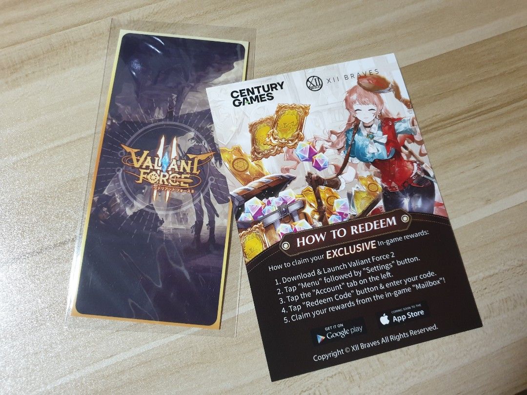 Valiant Force Gems Code (Category: In-Game Products) located in Singapore. Submitted by nicestickers (Listing ID 1206026979, Image 2). Description: Got these from AFA! - code for 600 Gems - includes free Kiera bookmark.