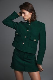 Zara Coordinates Jacket & Skirt textured pattern cardigan tweed green buttons