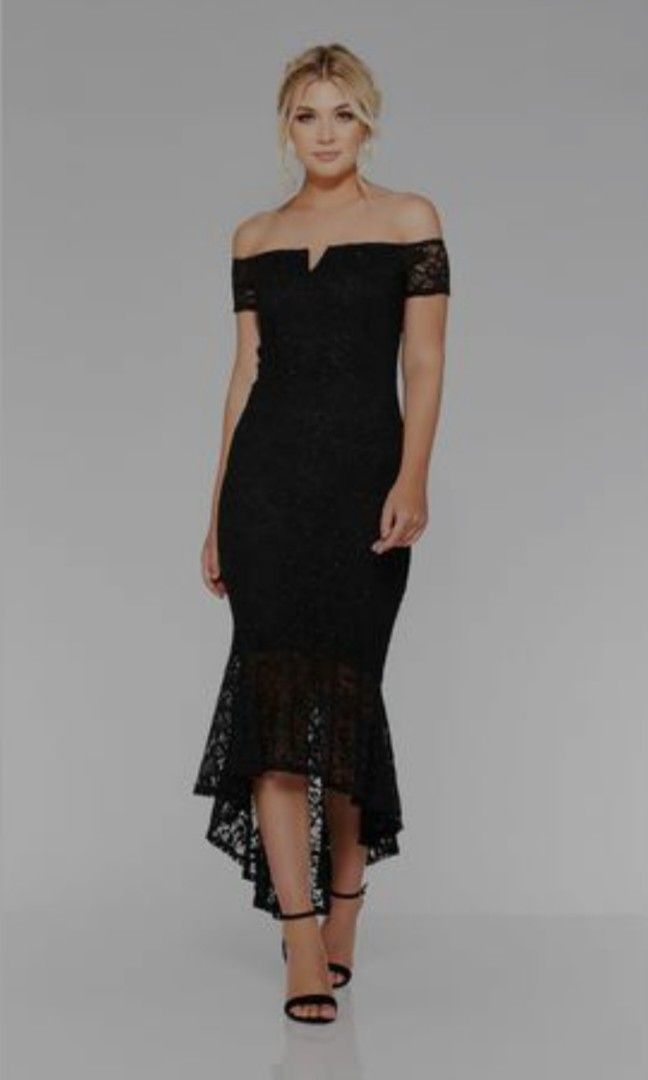 Quiz navy and silver lace dip hem dress sale