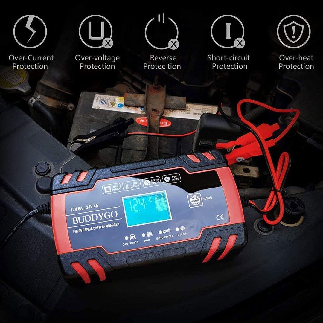 Car Battery Charger, BUDDYGO 12V/8A 24V/4A Fully Automatic Smart