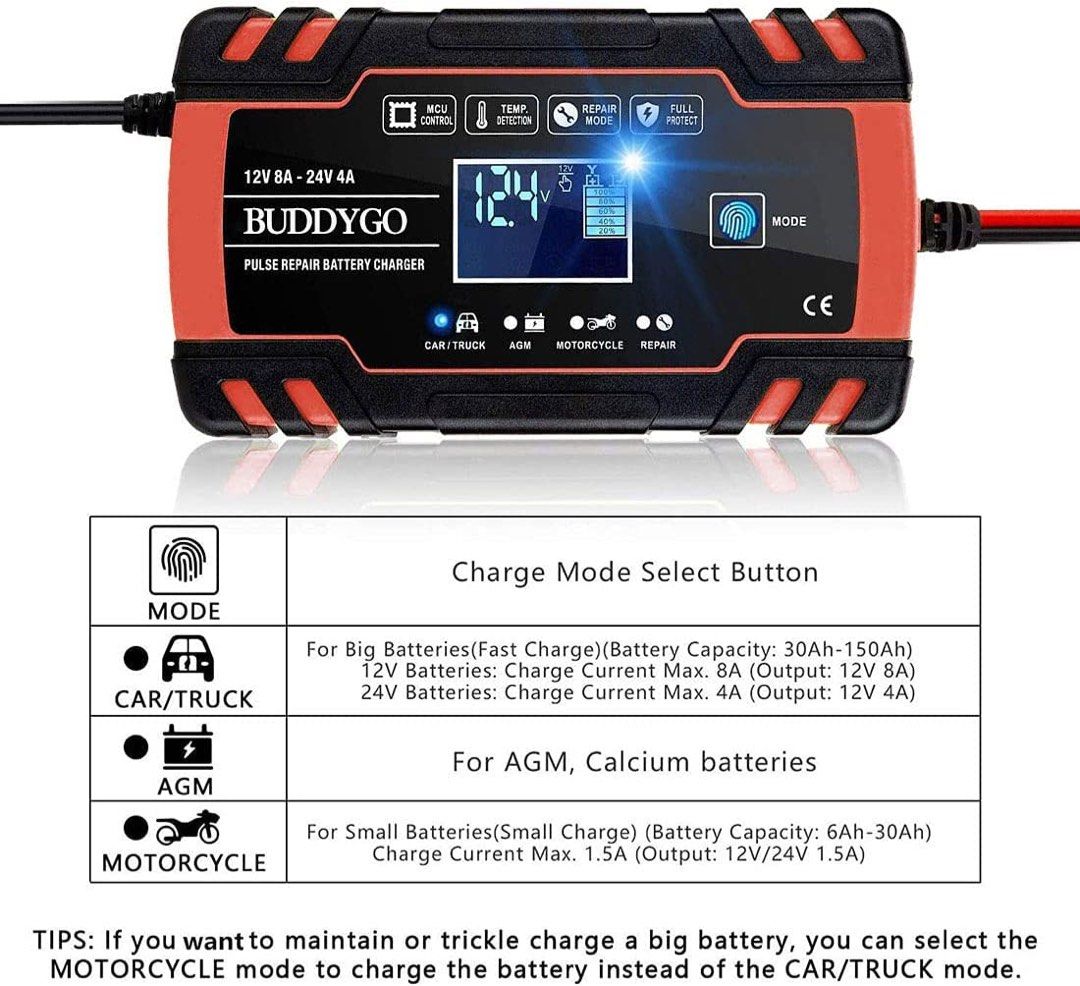 Car Battery Charger, BUDDYGO 12V/8A 24V/4A Fully Automatic Smart Battery Charger, Battery