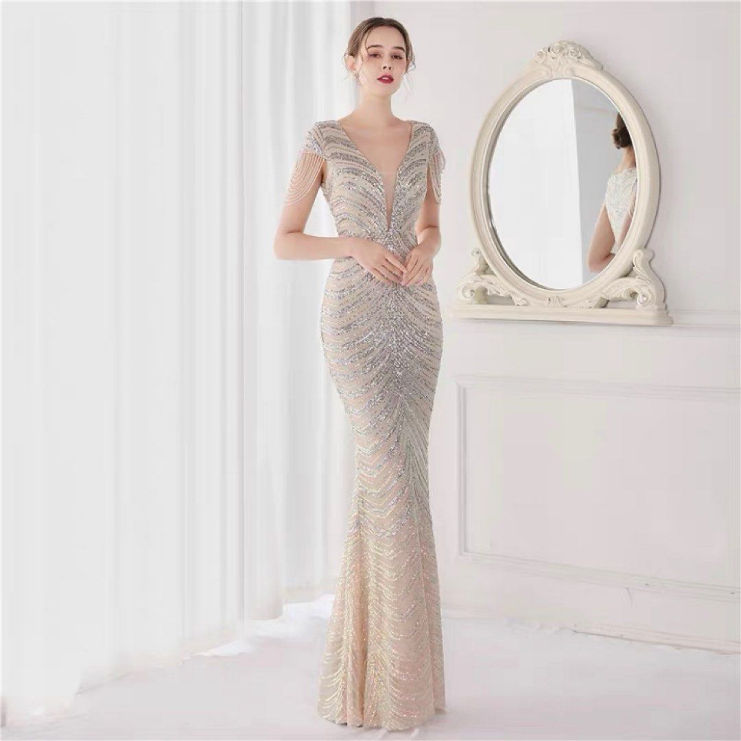 Amazon.com: Women's Sexy Off Shoulder Long Sleeve Side Split Prom Gown  Elegant Mermaid Evening Maxi Dress Gold : Clothing, Shoes & Jewelry