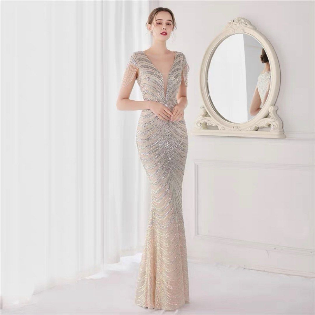 A-Line Sheer 3/4 Sleeves Beading Champagne Prom Dress – FancyVestido