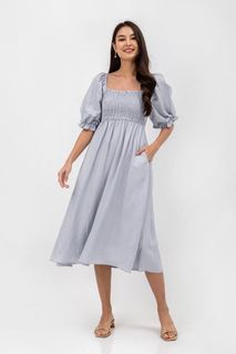 ELSABETH PUFF SLEEVE SMOCKED LINEN MIDI DRESS