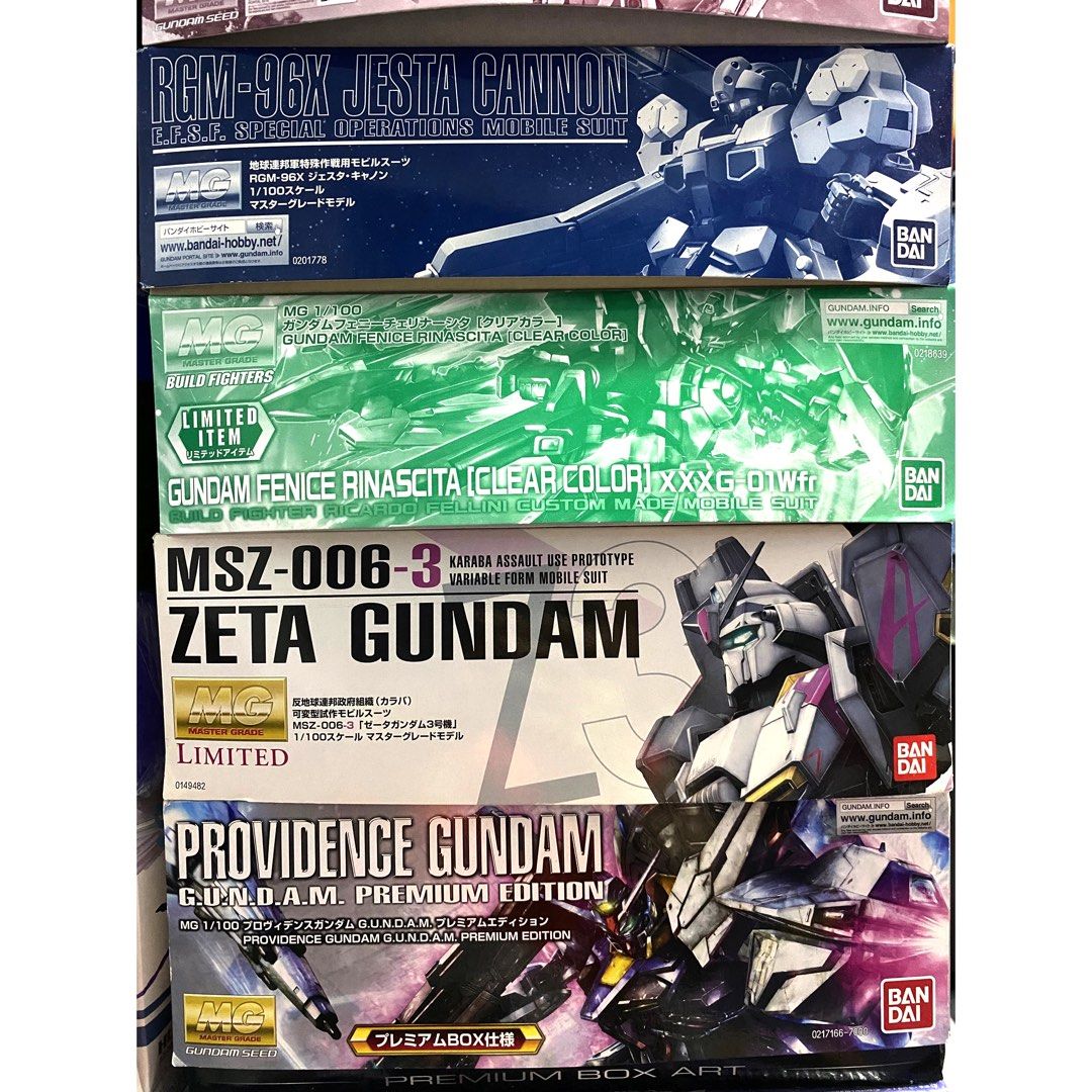 MG 1/100 Gundam Providence Zeta Karaba Fenice Rinascita Jesta Cannon (Category: Gundam Model Kits) located in Singapore. Submitted by Kaiseng99 (Listing ID 1206161254, Image 1). Description: 1. MG 1/100 Jesta Cannon - $150 2. MG 1/100 Fenice Rinascita Clear Colour - $120 3. MG 1/100 Zeta Karaba Limited - $160 4. MG 1/100 Providence Premium Box Art - $120.