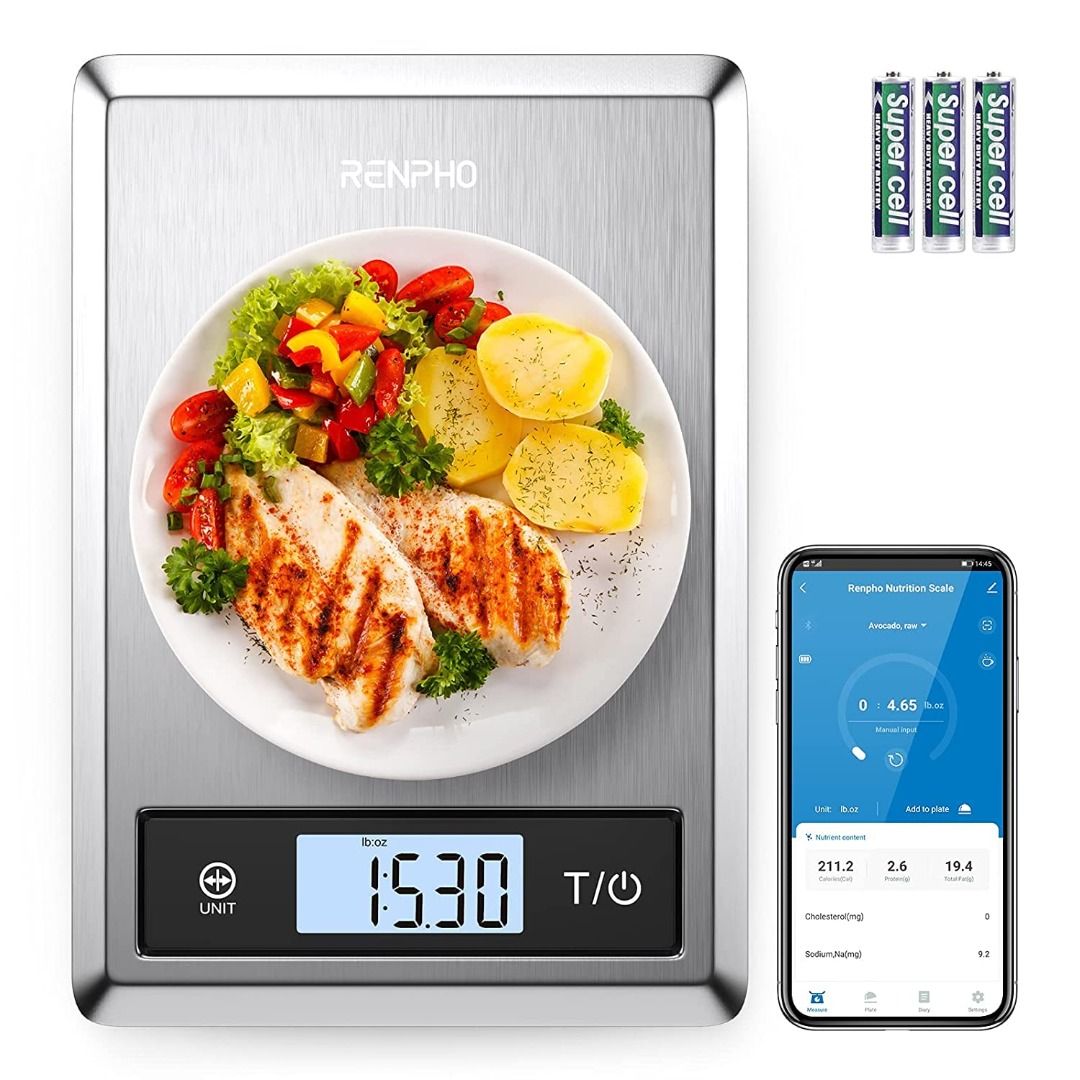 No Battery) RENPHO Digital Food Scale, Kitchen Scale Weight Grams and  Ounces for Baking, Cooking and Coffee with Nutrition Calculator for Keto,  Macro, Calories and Weight Loss with Smartphone App, Stainless Steel