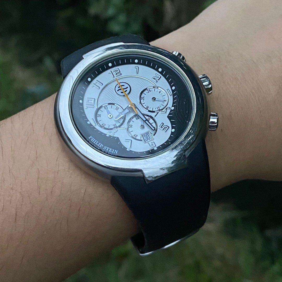 PHILIP STEIN Active Large Model 32-AW-RW (Category: Luxury Watches) located in Bulacan. Submitted by baywatchesph (Listing ID 1206235223, Image 2). Description: PHILIP STEIN Active Large Model 32-AW-RW 9/10 - In good condition & all working well. Quartz movement 42mm case size Black silicone strap Chronograph Unisex W/ presentation box. Selling price: ₱16,000 Meet-up by appt. Nationwide delivery thru LBC Express Contact #: 0976-073-3516.