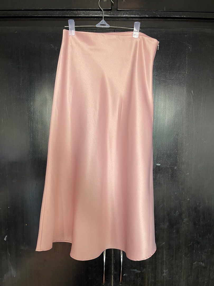 Hot Pink Satin Low-Rise Midi Skirt main image 0
