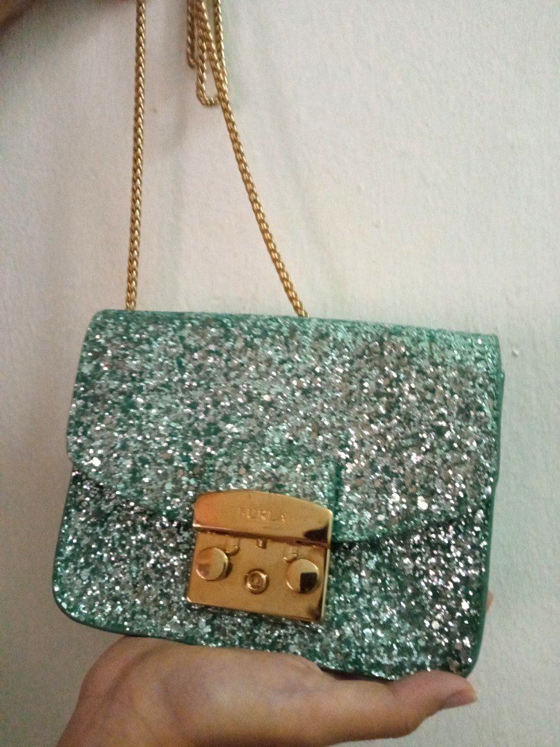 Authentic Furla Metropolis Blue Glitter Mini Crossbody Bag