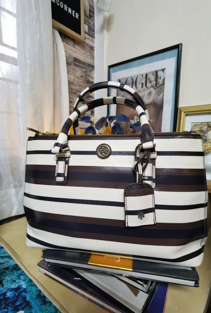 Tory Burch Saffiano Robinson Stripe Mini Double Zip Tote, Tory Burch  Handbags