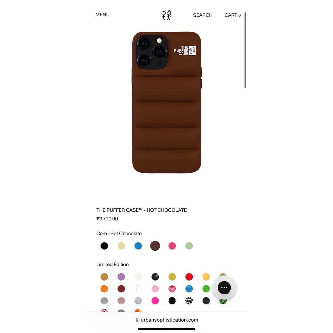 Urban Sophistication ~ Authentic Puffer Cases (Category: Cases & Sleeves) located in Cebu City. Submitted by angel.energyph2 (Listing ID 1206277582, Image 2). Description: 🏷️ ₱2900 each only Retail: ₱3700 each Colors available: * matcha 🍵 * dune * hot chocolate 🤎 * lavender 💜 * black 🖤 * marshmallow🤍 Units available: 13 pro, 13 promax, 14 pro, 14 promax ONLY As seen on @kendalljenner, @dualipa, @justinbieber, @gigihadid & MORE! ❤️‍🔥 comes 