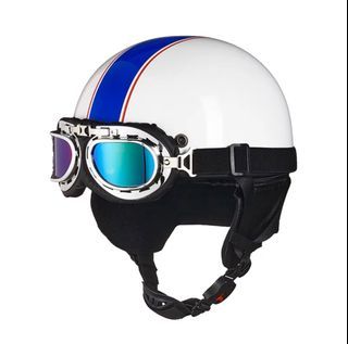 White with Stripe Half Cap Motorcycle Helmet Visor Beak Retro Cafe Racer Harley Vintage