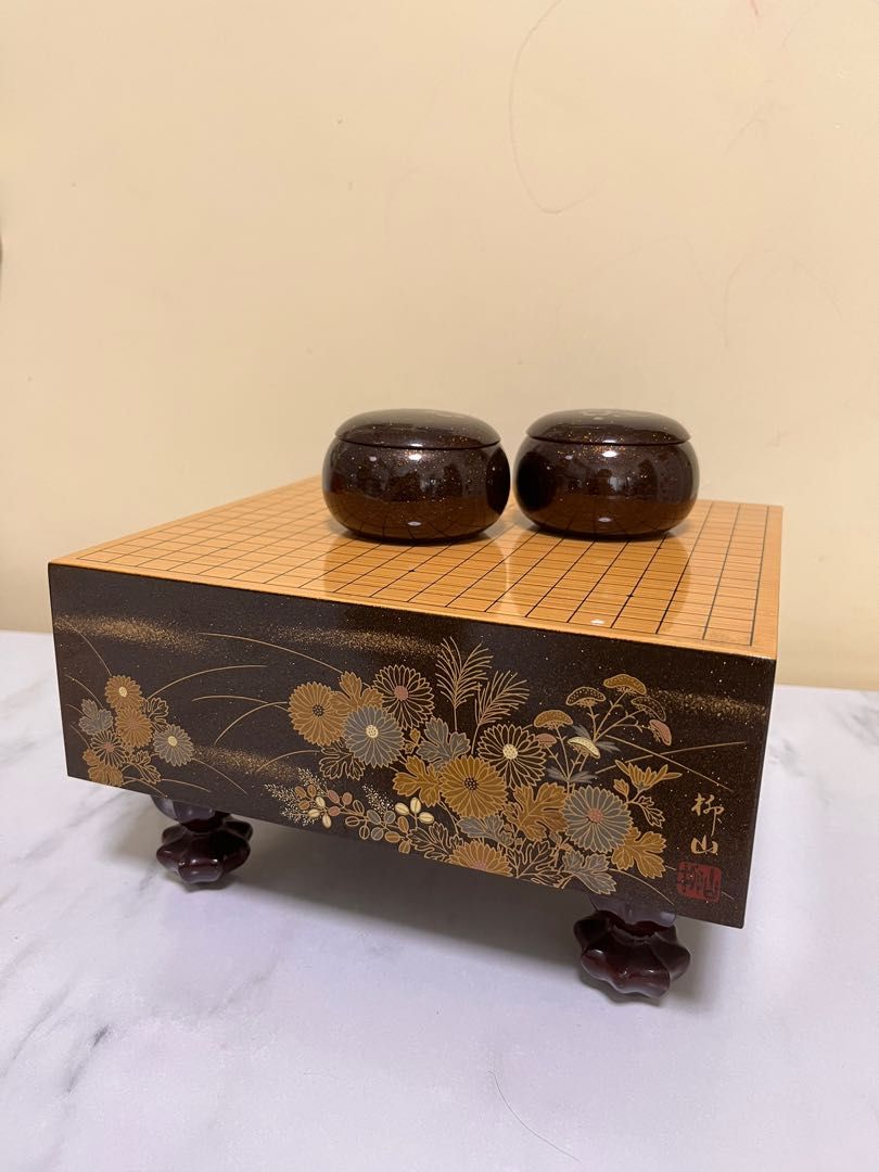 中古柳山作漆芸碁盤蒔絵花圖梨地碁石付迷你圍碁盤圍棋玩具, 興趣及遊戲