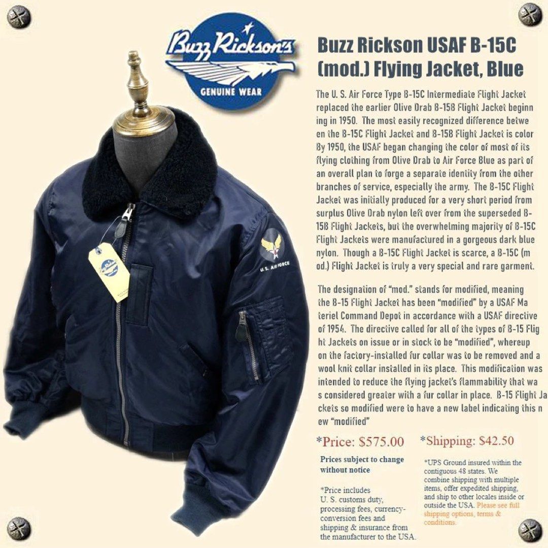 外國預訂Buzz Rickson USAF B-15C flying jacket 飛行外套, 男裝, 外套