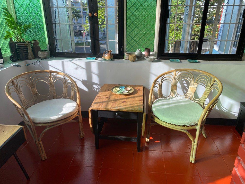 Aesthetic rattan chair 2pcs (Category: Chairs) located in Quezon City. Submitted by nrmhao (Listing ID 1200584991, Image 1). Description: Light-weight rattan chairs good for indoor nook or covered outdoor space. With minor issues in pic. As-is, sf c/o buyer.