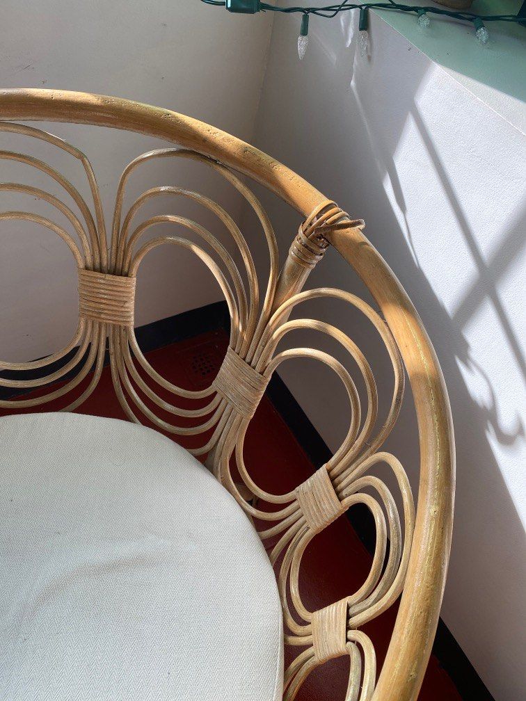 Aesthetic rattan chair 2pcs (Category: Chairs) located in Quezon City. Submitted by nrmhao (Listing ID 1200584991, Image 3). Description: Light-weight rattan chairs good for indoor nook or covered outdoor space. With minor issues in pic. As-is, sf c/o buyer.