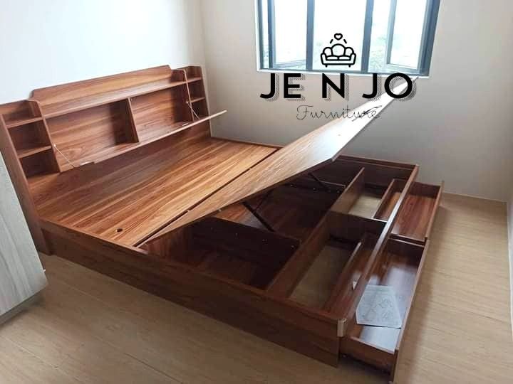 BED FRAME WITH HEADBOARD CABINET, PULL-OUT DRAWERS & HYDRAULIC OPENING ...