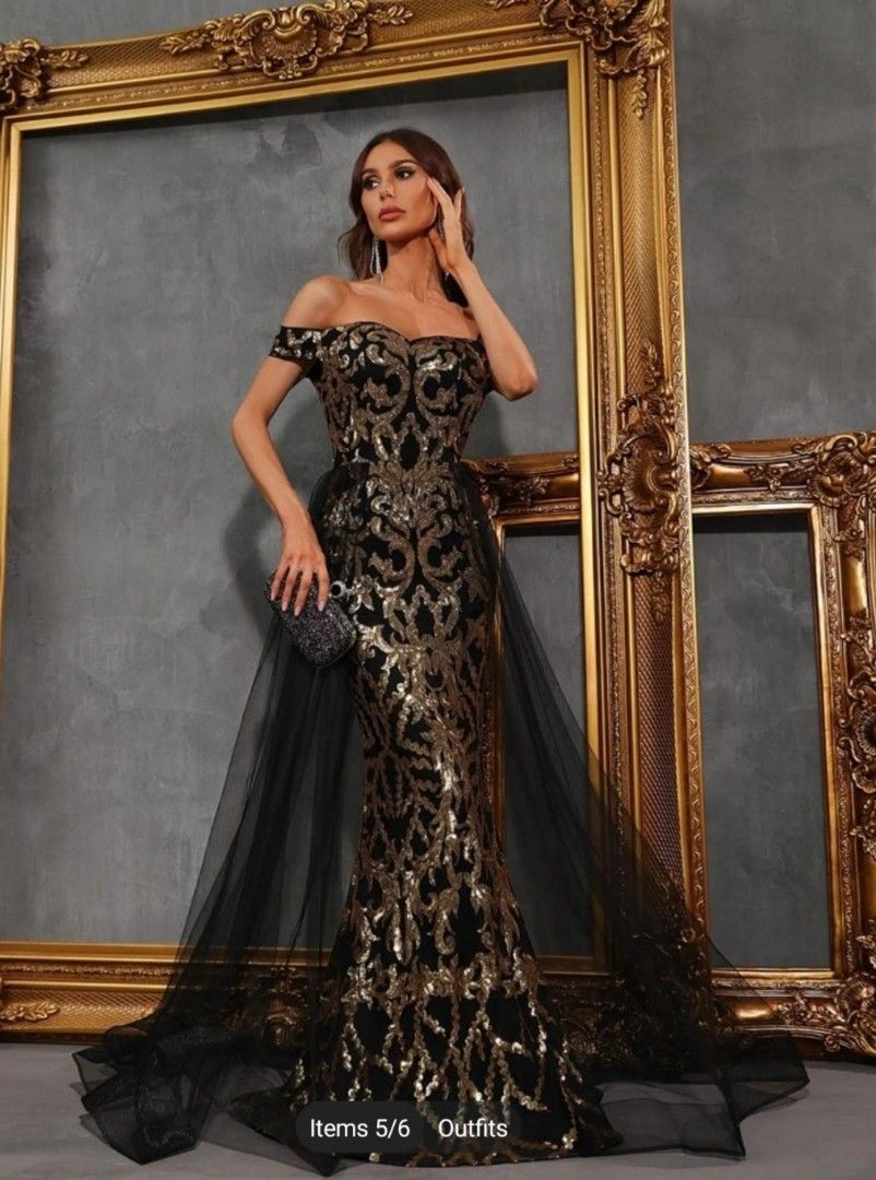 Black and gold gown, Women's Fashion, Dresses & Sets, Evening dresses