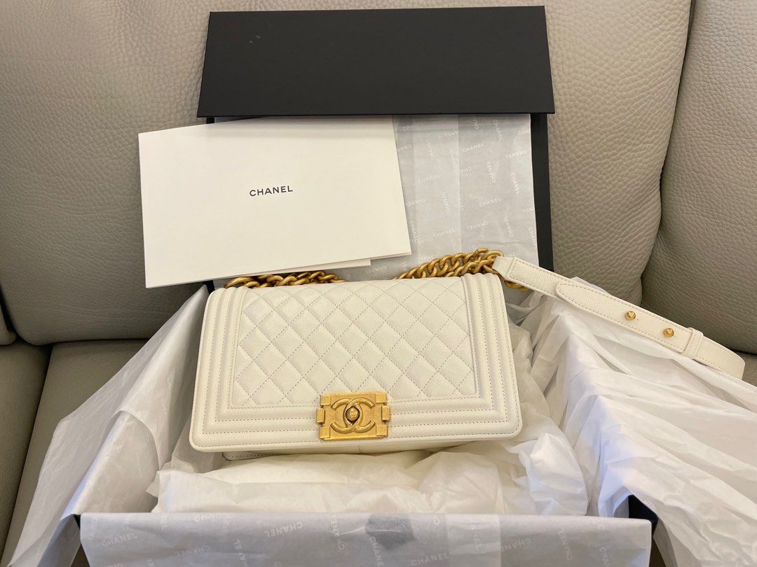 White chanel boy bag gold hardware best sale
