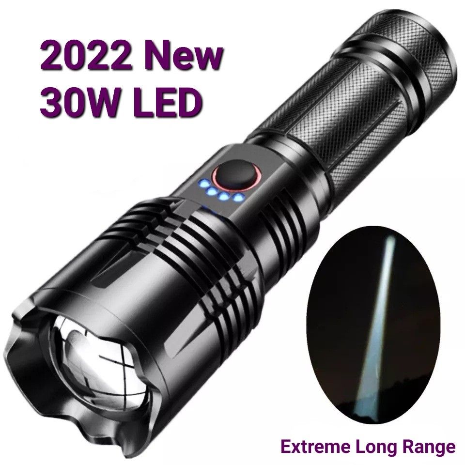 Promo] Ultra Powerful Long Range 30W LED Zoomable Flashlight with  Rechargeable 26650 Battery  USB Type-C charging cable, Outdoor Torchlight  for Multipurpose Use, Sports Equipment, Hiking  Camping on Carousell