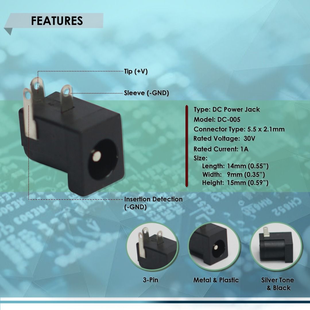 DC POWER JACK PLUG FEMALE 5.5x2.1mm 3PIN, PCB MOUNTING DC005, 1A 30V