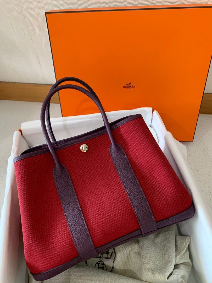 hermes garden party 30 tote bag (stamp a) red leather & canvas silver  hardware, with dust cover