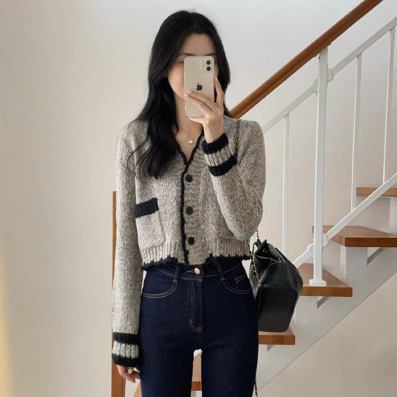 Grey Knitted Cardigan chanel style winter autumn sweater top , Women's  Fashion, Tops, Longsleeves on Carousell