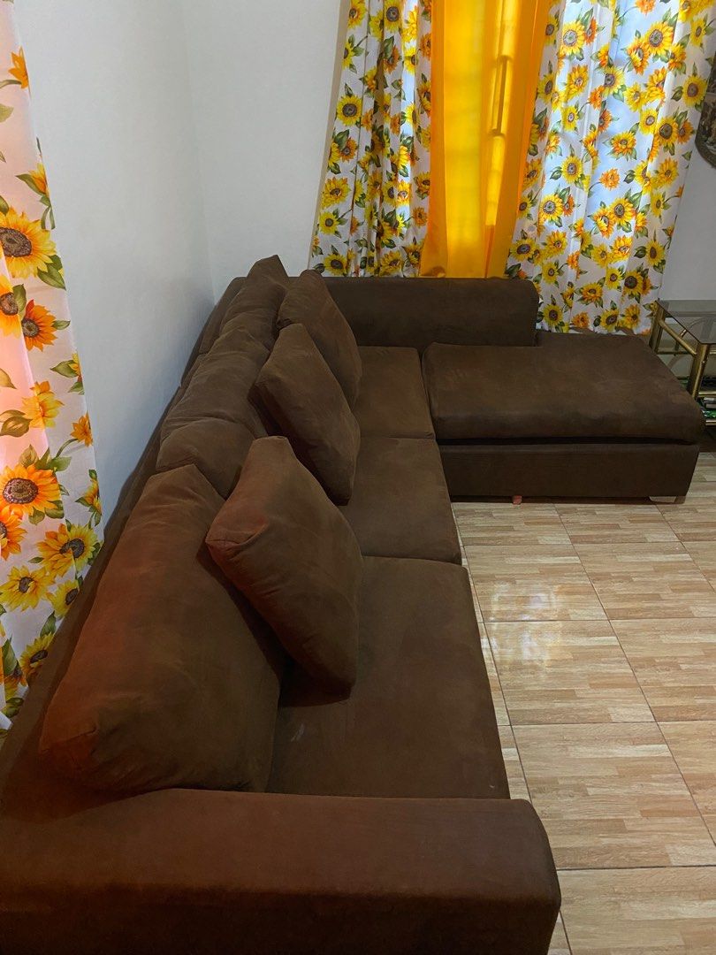 LSHAPED BROWN SUEDE SOFA (MANDAUE FOAM), Furniture & Home Living, Furniture, Sofas on Carousell
