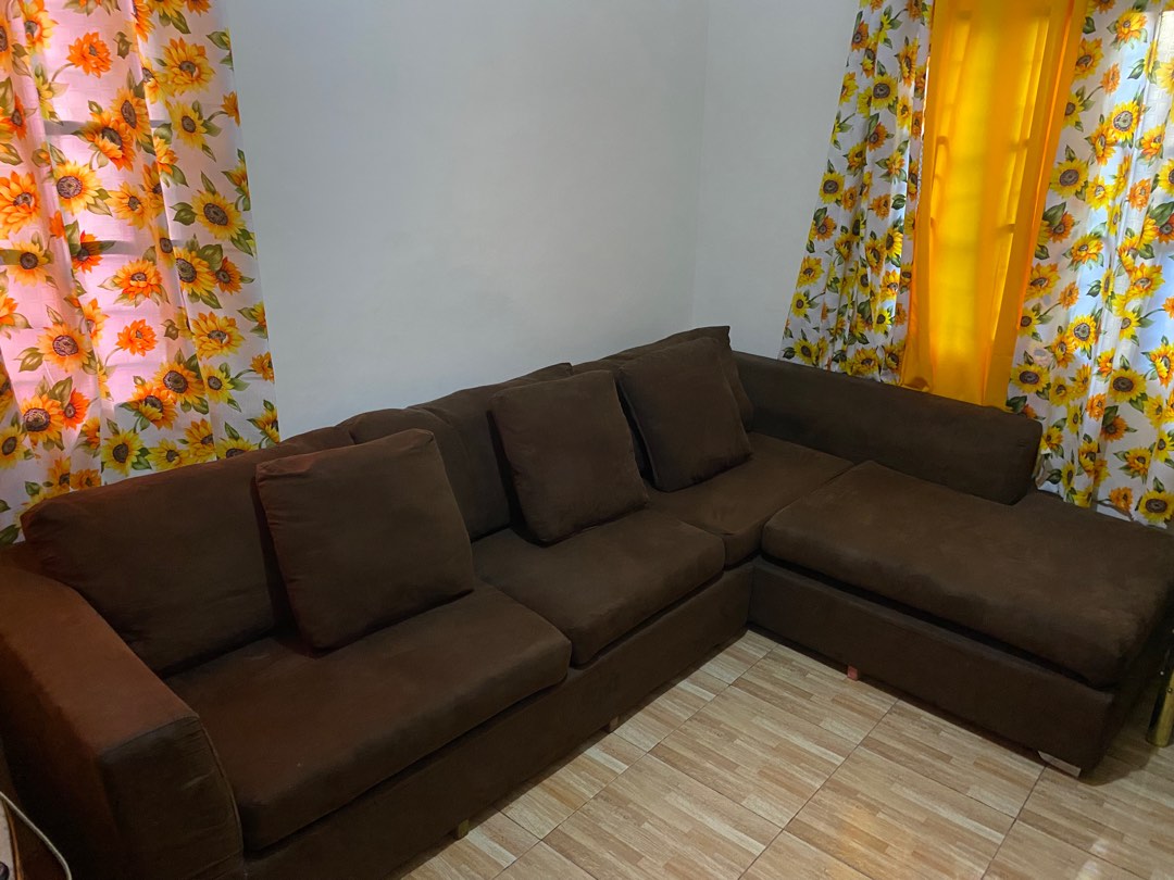 LSHAPED BROWN SUEDE SOFA (MANDAUE FOAM), Furniture & Home Living, Furniture, Sofas on Carousell