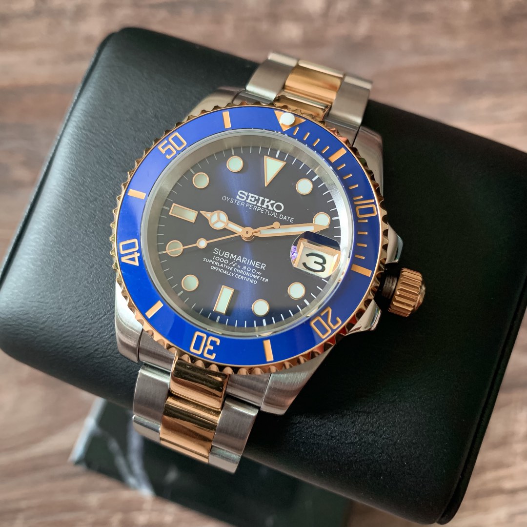 MOD] Seiko Submariner Yellow Gold, Blue & Silver, Luxury, Watches on  Carousell