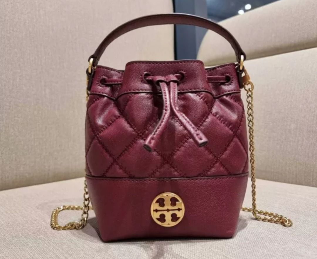 Tory Burch Willa Quilted Leather Redstone Drawstring Bucket Bag