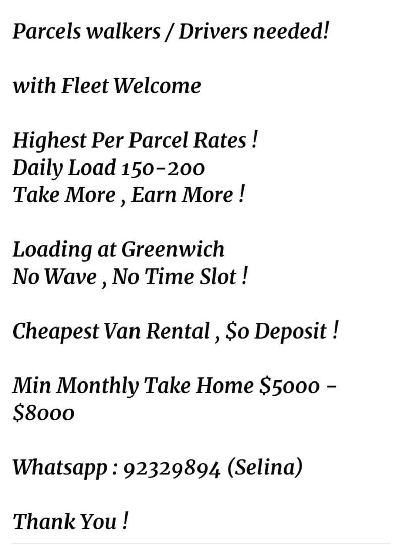 Parcels Drivers / walkers needed Jurong west, Jobs, Transport