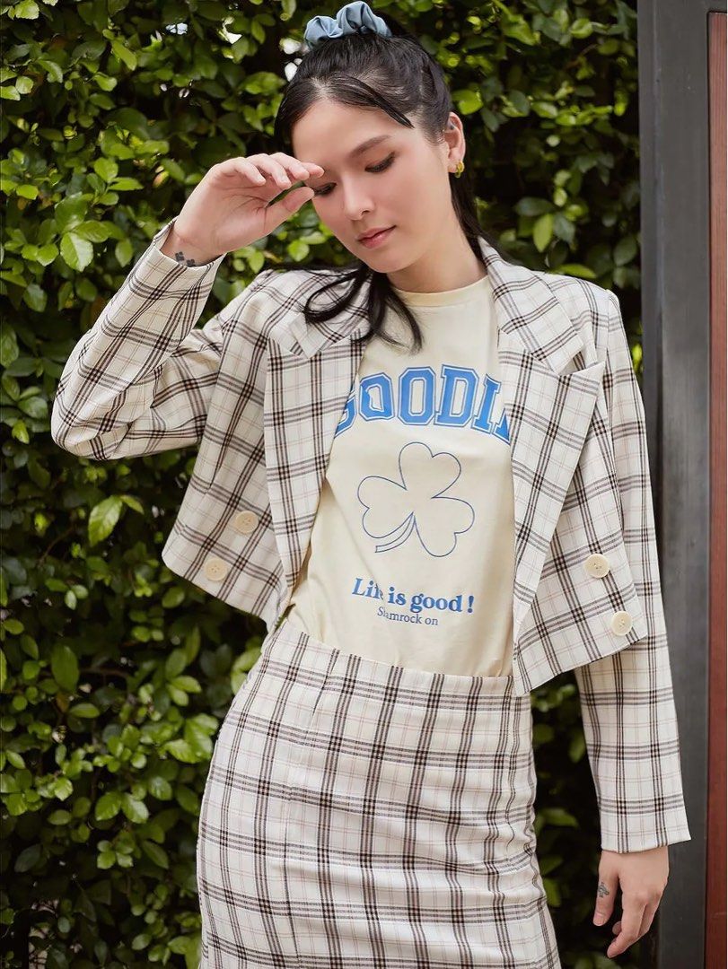 Pomelo Plaid Blazer and Skirt Set Women s Fashion Dresses Sets