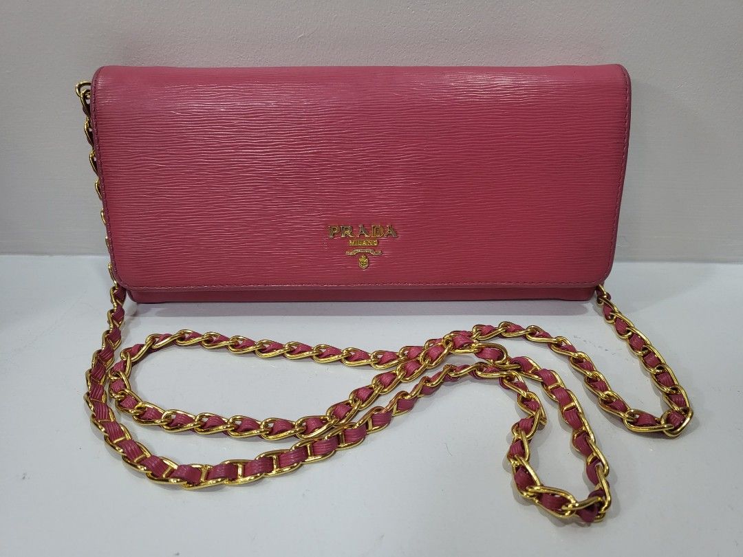 Prada Saffiano Metal Wallet On Chain Clutch 4pt916 Pink Leather