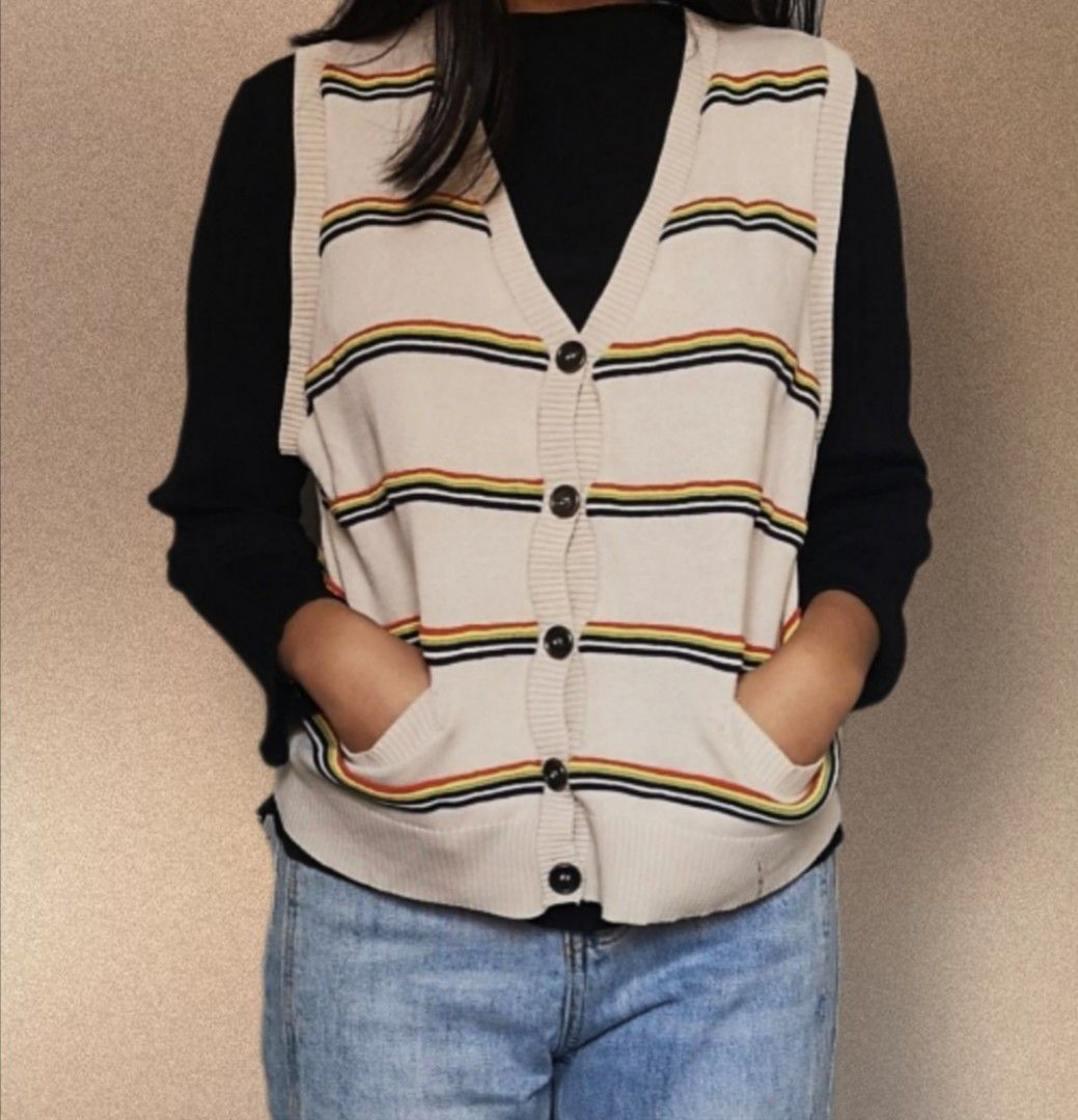 Retro Rainbow Striped Vest Top Cottagecore (Category: Sleeveless) located in Taguig. Submitted by 9keep (Listing ID 1170915267, Image 1). Description: Size: Small to medium frames Flaws: Removed tag. A little straight stain on the bottom front part of the vest, may be removed when washed thorougly. (See the very last photo) Please manage your expectations as most of the listed items are preloved :) MOP: GCash (pay first basis) MOD: (SF shouldered