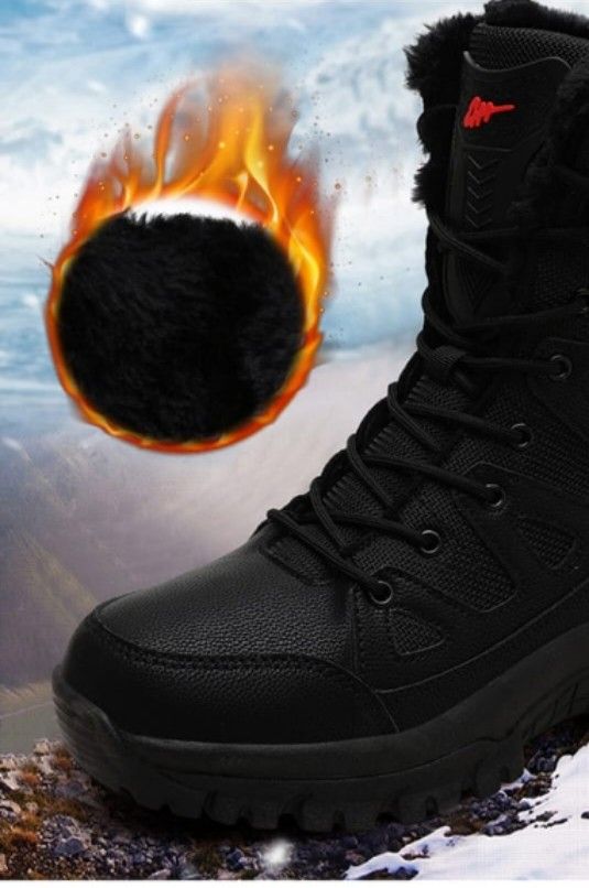 Snow boots shoes black with inner layer fur warm boots over ankle. Waterproof. Windproof. Negative 20 degrees. Has an additional fur layer. Unisex