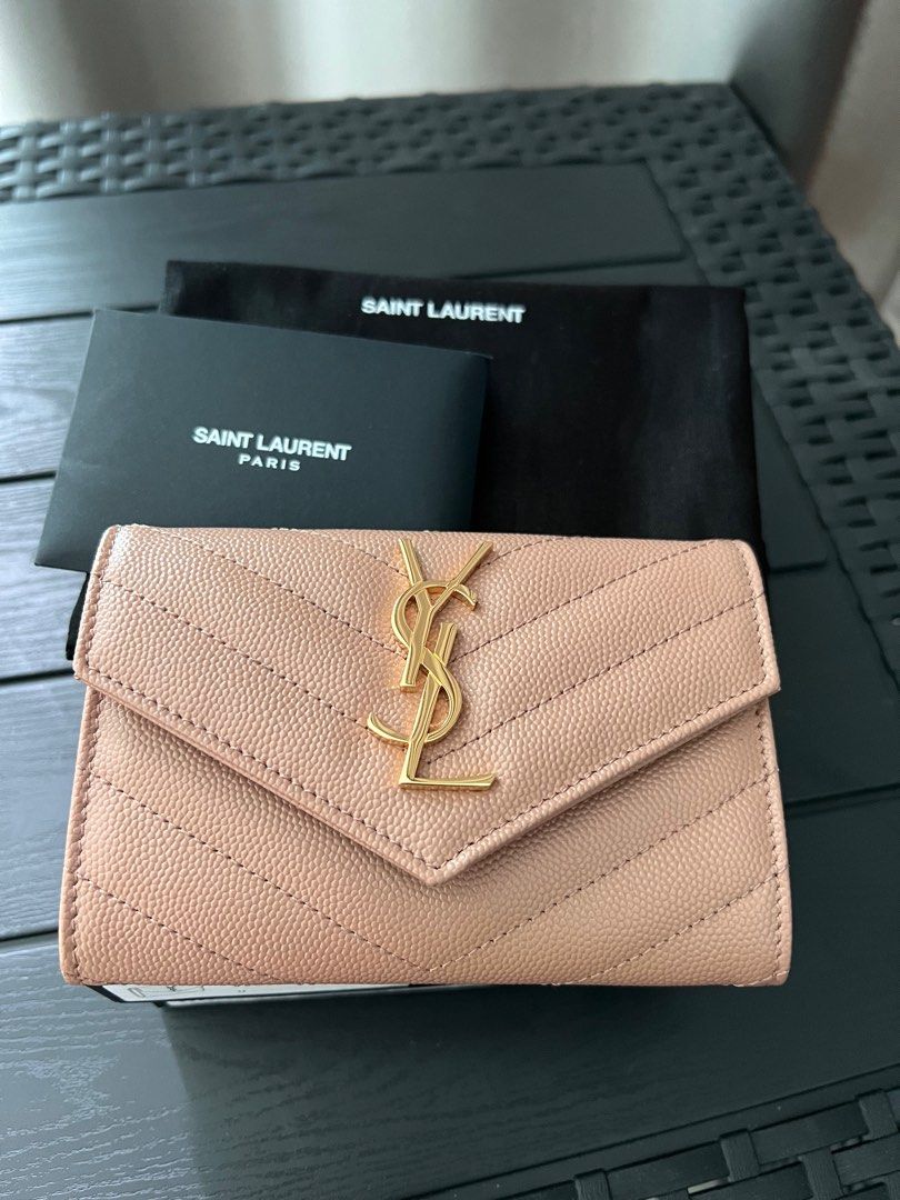 Saint Laurent Cassandre Matelassé Small Envelope Wallet in Grain de Poudre Embossed Leather - Grey - Women