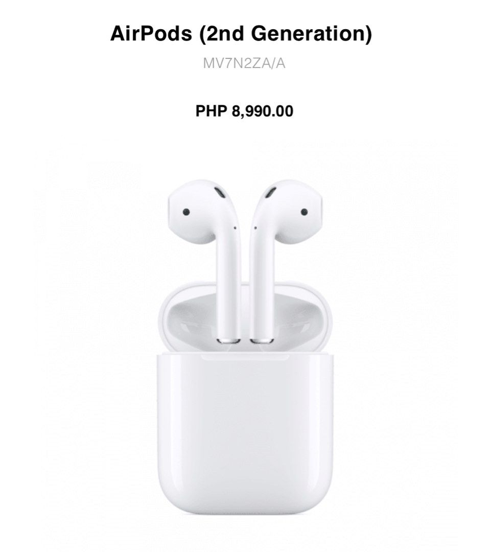 authentic apple airpods second generation (Category: Earphones) located in Antipolo. Submitted by crafts.etcetera (Listing ID 1206328715, Image 1). Description: unsealed but never used/tried just stored authentic bought from istudio.