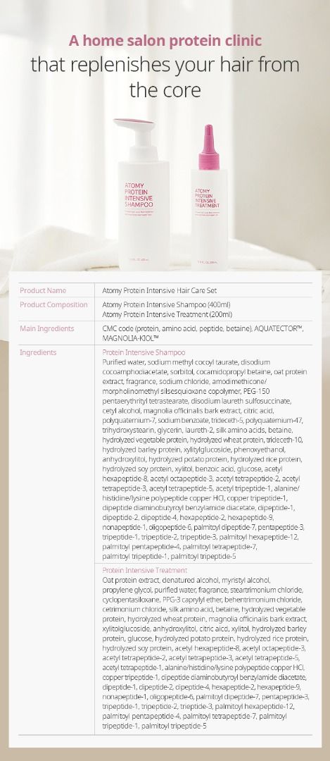 Atomy Protein Intensive Hair Care Set with Leave in Conditioner ( For  Severely Damaged Hair / Protein Treatment ), Beauty & Personal Care, Hair  on Carousell