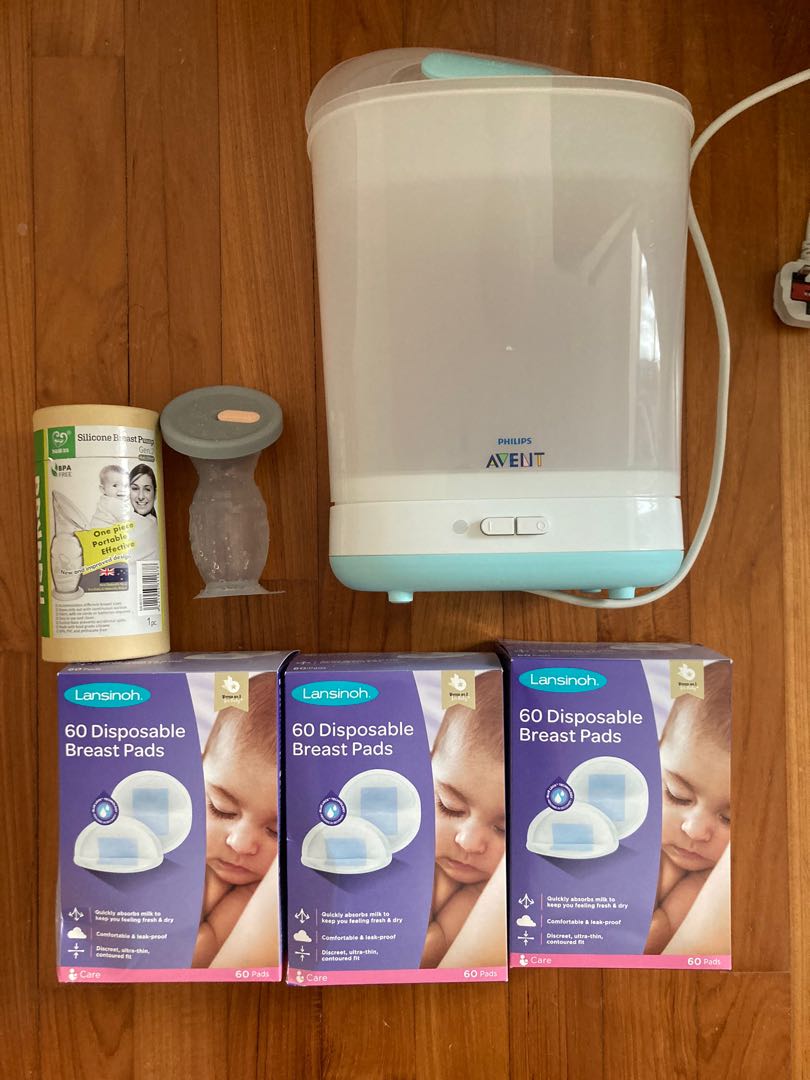 Haakka silicone breast pump, Avent sterilisation, Lansinoh breast pad