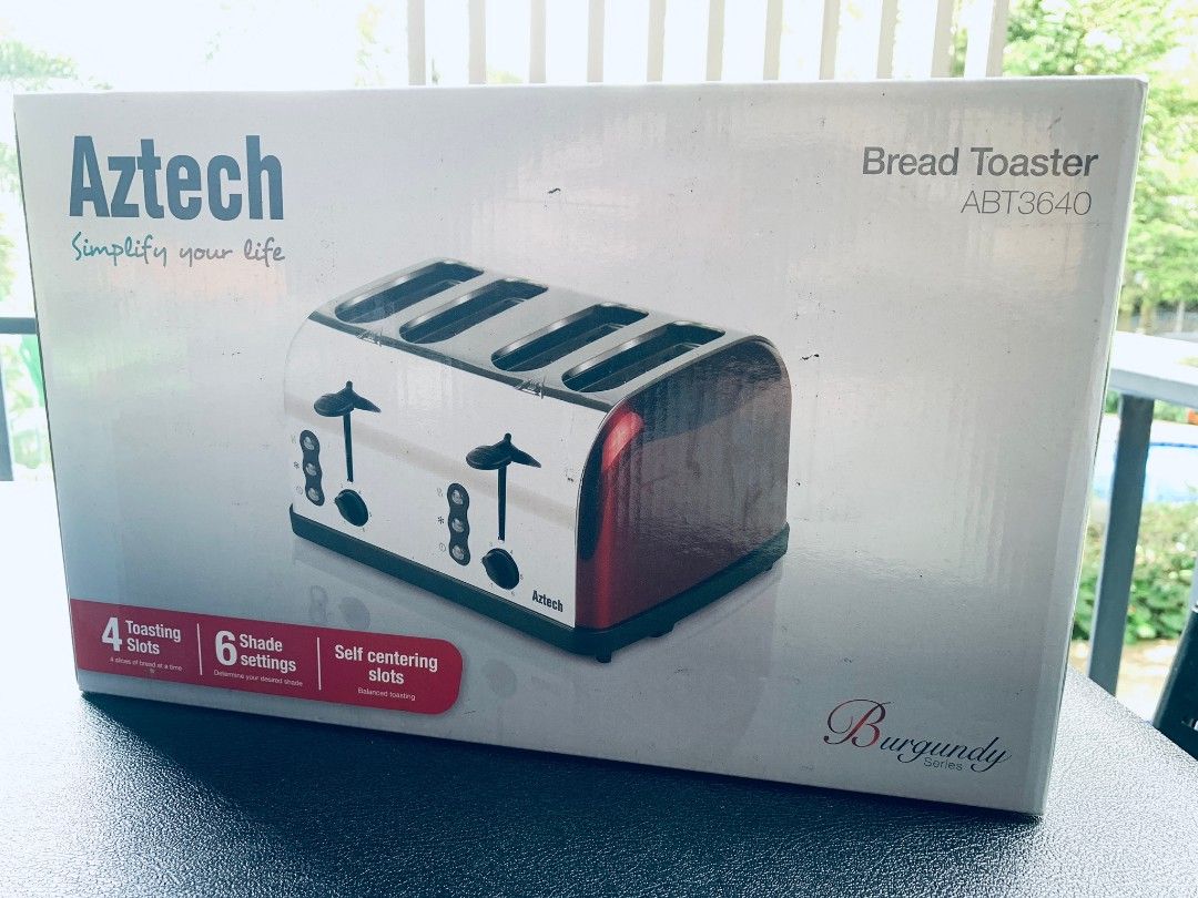 Aztech Bread toaster (Category: Ovens & Toasters) located in Singapore. Submitted by cavemanlikebook (Listing ID 1206332680, Image 1). Description: Brand new! Still in original packaging Aztech ABT3640 Burgundy Series Bread Toaster Original price $89. Aztech ABT3640 Bread Toaster is the perfect partner for family breakfasts where pairs of perfectly toasted bread to each individual’s preferred browning In glossy silver and burgundy finish, the Azt