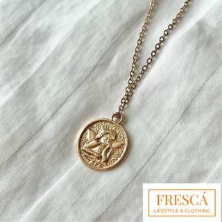 Brand New Authentic FRESCÁ Sweet Guardian Angel Cupid Medallion Pendant & Gold Tone Chain Necklace