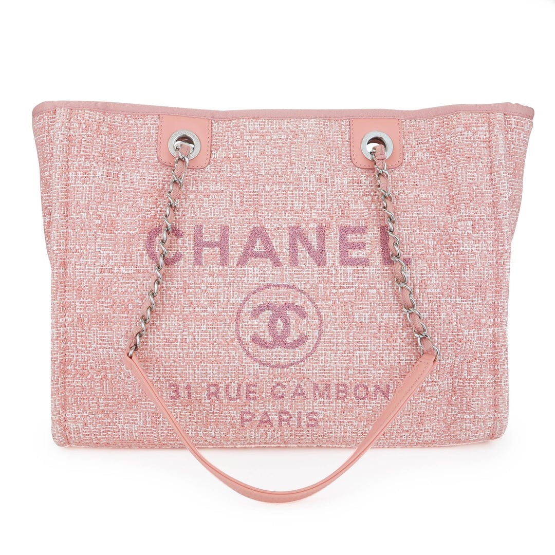 Chanel Medium Deauville Tote in Pink Fabric, Gold Lettering and LGHW