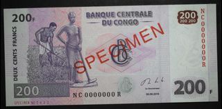 Congo Specimen 2013 200 Francs Bank Note