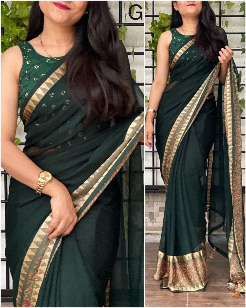 Plain Silk Saree with Golden Border | Mysore Crepe Silk Saree – Lady India