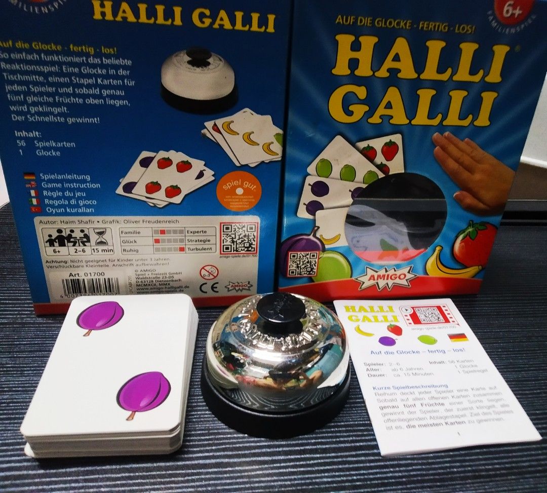 a halli galli boardgame box with all the cards and instructions